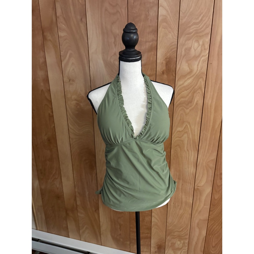Shein Women Olive Green Ruffle Halter Tankini Top Ruched V-Neck Size L